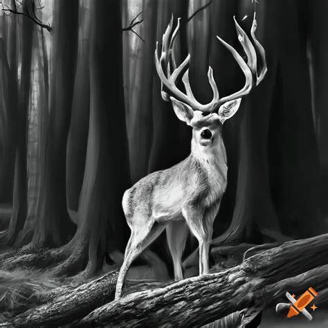 Deer in a forest inbetween trees. black and white. realistic on Craiyon