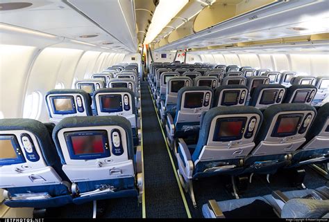 Interior of Air China A330 economy class cabin after the inaugural flight CA737 Beijing-Warsaw ...