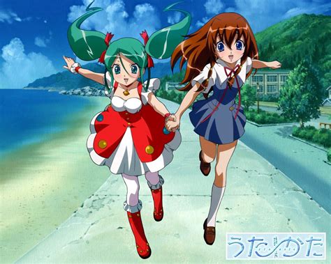 Two female anime characters running in between body of water and trees HD wallpaper | Wallpaper ...