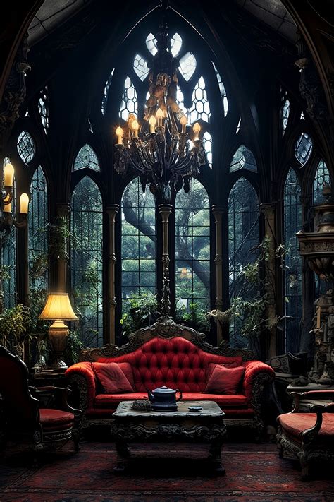 A Gothic-Style Living Room With A Chandelier And Matching Red Sofa ...