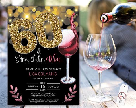 DIY 60th Birthday Wine Invitation Printable Template, Black Gold Glitter Fine Wine Editable ...