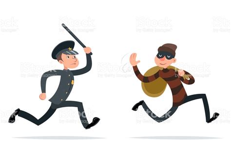 Thief Escape Loot Policeman Run Character Cartoon Retro Design Vector... | Policeman, Running ...