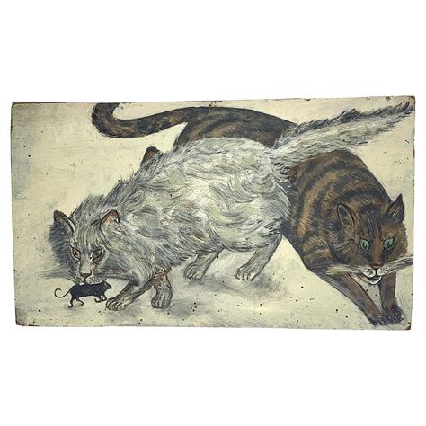 Folk Art Animal Painting Brown and White Cats and Mouse Oil on Panel ...