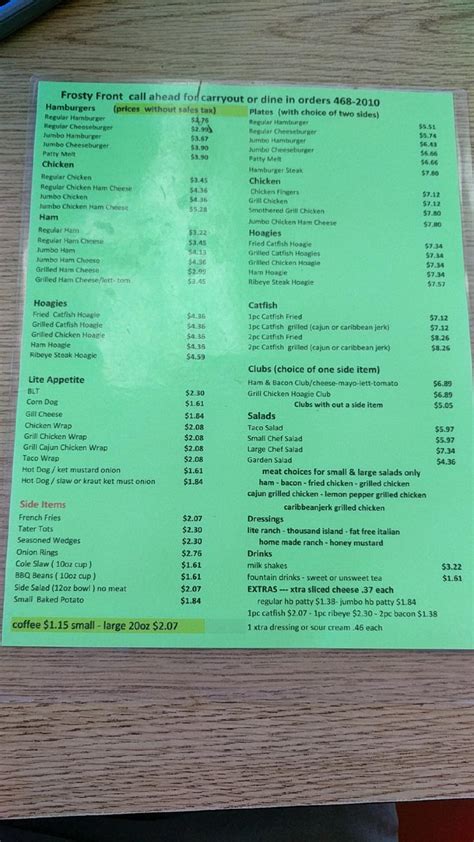 Menu at Frosty Front restaurant, Guin