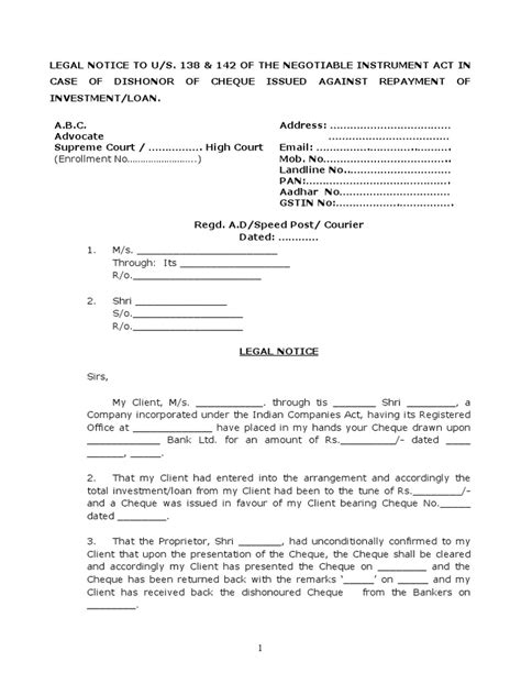 Cheque Dishonour Legal Notice | PDF | Cheque | Justice