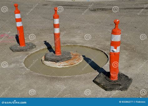 Warning Cones Around Sanitary Sewer Repair Project Stock Image - Image ...