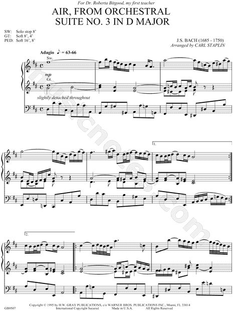 Johann Sebastian Bach "Air, from Orchestral Suite No. 3 In D Major" Sheet Music in D Major ...