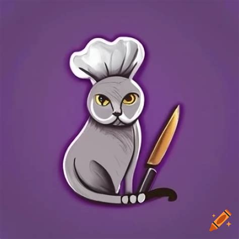 Grey cat logo with chef hat and kitchen knife on purple background on ...