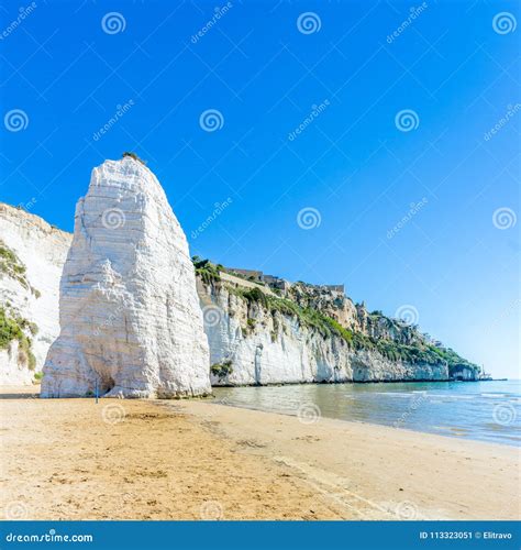 View Beach of Vieste with Pizzomunno Rock, Gargano Coast, Apulia, South of Italy Stock Image ...