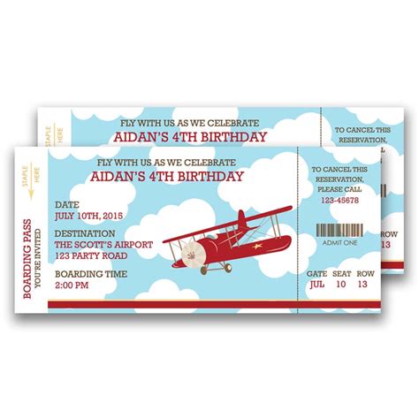 Vintage Airplane Boarding Pass Ticket Birthday Invitation (Blue & Red) - TweetPaperie