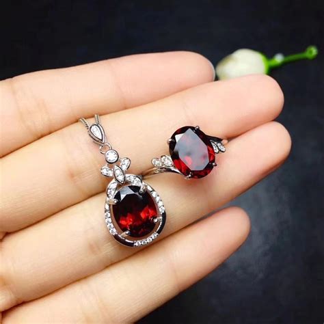 Natural red garnet gem Ring Pendant Natural Gemstone Jewelry Set 925 ...