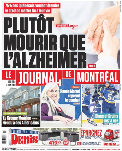 Journal Le Journal de Montréal (Canada). Les Unes des journaux de Canada. Édition du mardi, 4 de ...