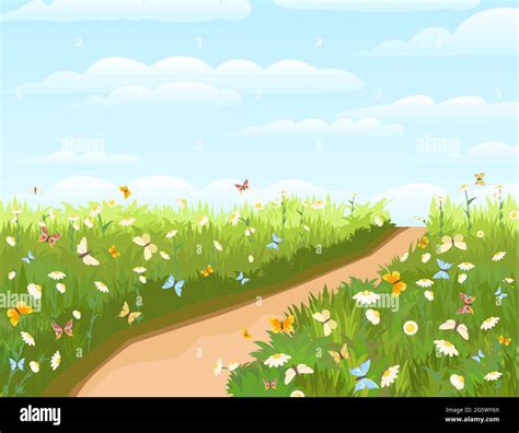 Road. Meadow with wildflowers and butterflies. illustration. Grass close-up. Green landscape ...