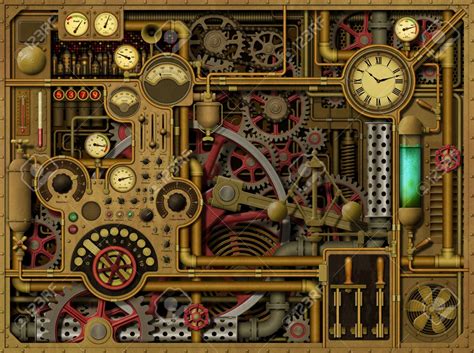 A Steampunk Background With Clocks, Dials, Gears And Cogs, Pipes.. Stock Photo, Picture And ...