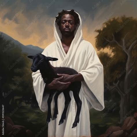 Black Lamb in the Arms of the Good Shepherd Jesus Christ Painterly Portrait Illustration ...