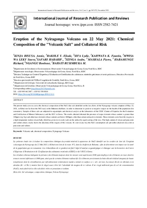 (PDF) Eruption of the Nyiragongo Volcano on 22 May 2021: Chemical Composition of the "Volcanic ...