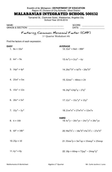 Factoring the Common Monomial Factor Worksheet | Factoring polynomials, Probability worksheets ...