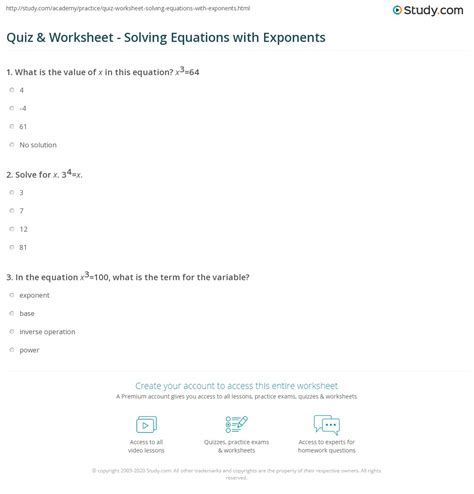 Quiz & Worksheet - Solving Equations with Exponents | Study.com