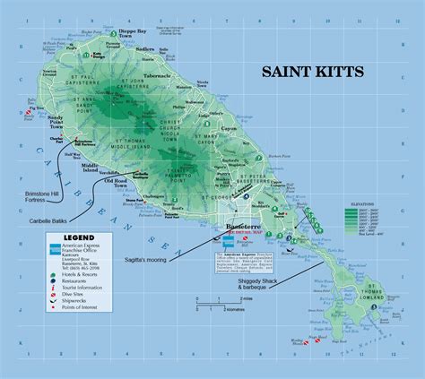 Large tourist and elevation map of Saint Kitts and Nevis with other ...