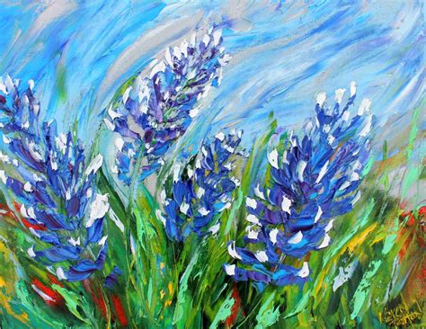 Bluebonnets of Texas painting original oil abstract palette knife impressionism on canvas fine ...