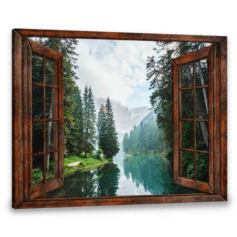 Hayooo Faux Window Canvas Beautiful Forest Beside River Wall Art For ...