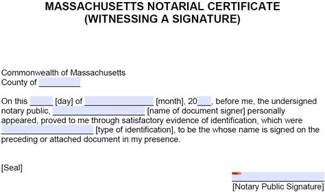 Free Massachusetts Notarial Certificate - Witness a Signature - PDF - Word