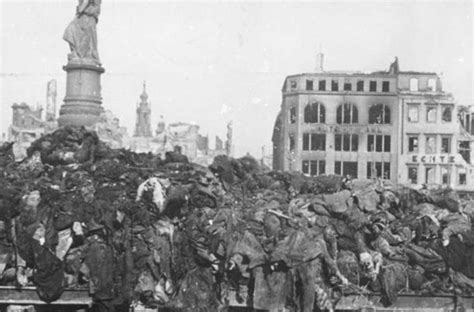 A pile of bodies awaits cremation after the bombing of Dresden, 1945