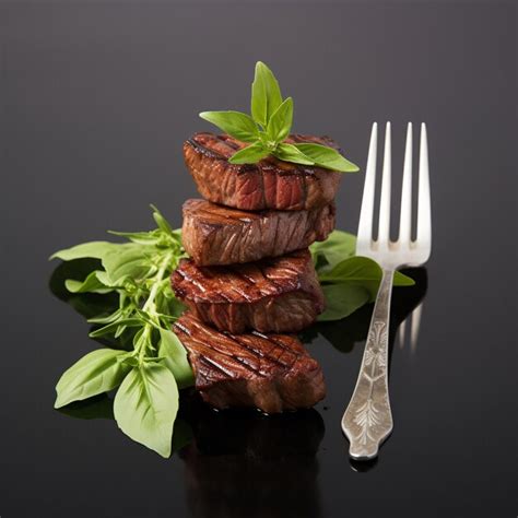 Premium AI Image | Deliciously Grilled Steak with a Fork and Fresh Leaf Garnish Stock Image ...