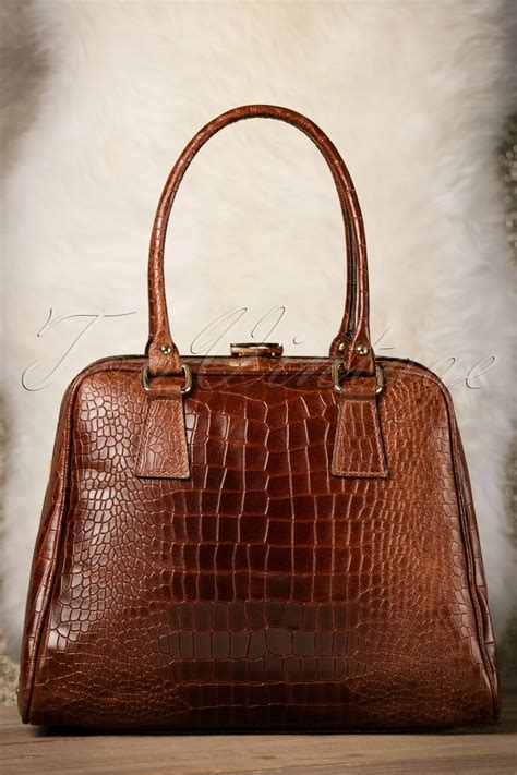 60s Chic Suitcase Croc Handbag in Brown Leather