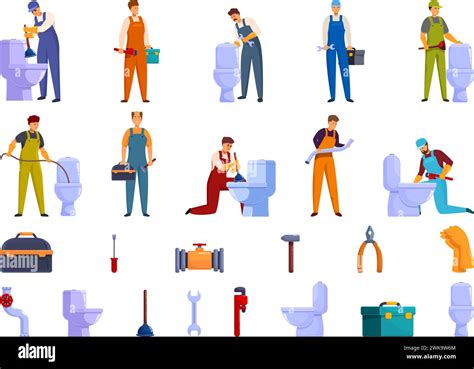 Plumber worker repair toilet icons set cartoon vector. Escape fixing. Service sewage Stock ...