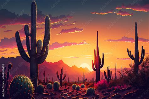 Cactus Sunset Desert Background, Stunning Landscape, Sunset, Sunrise ...