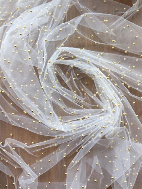 White Lace Fabric Embroidered with Gold Pearls for Evening Gowns, Prom Dresses, Party Dresses ...