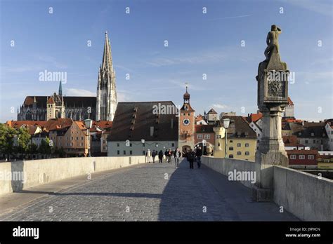 Germany,Bavaria,Regensburg,town view,Old Town,bridge,pedestrian Stock ...