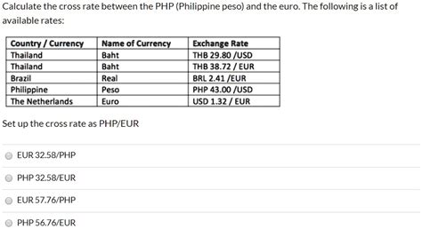 SOLVED: Calculate the cross rate between the PHP(Philippine peso) and the euro.The following is ...