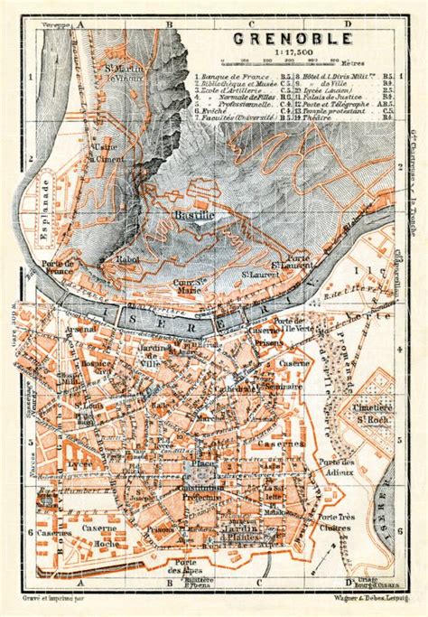 Old map of Grenoble in 1900. Buy vintage map replica poster print or download picture