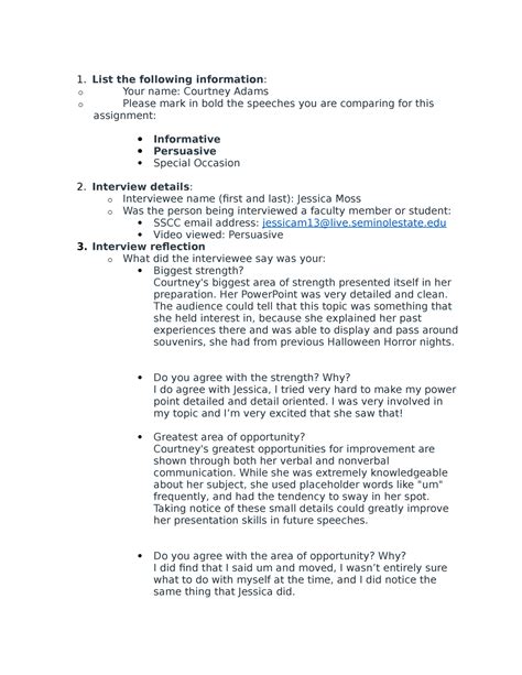 Assignment 5 - Speech written for the class - List the following ...