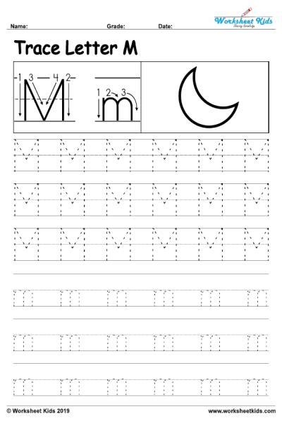 Letter M alphabet tracing worksheets - Free printable PDF