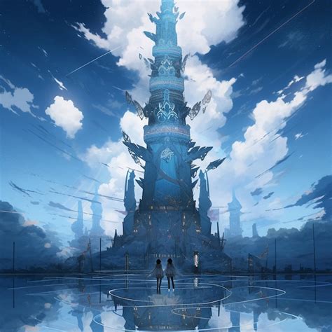 Premium AI Image | Anime scene of a giant tower with a clock on top generative ai