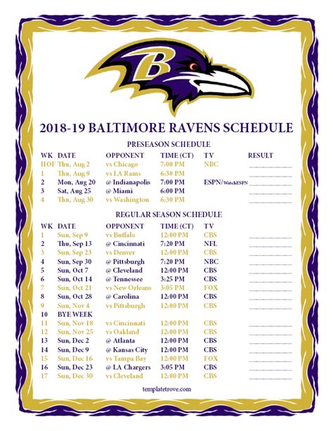 Printable 2018-2019 Baltimore Ravens Schedule