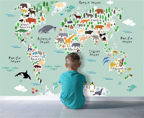 Kids Illustrated Map of Animals of the World Removable | Etsy