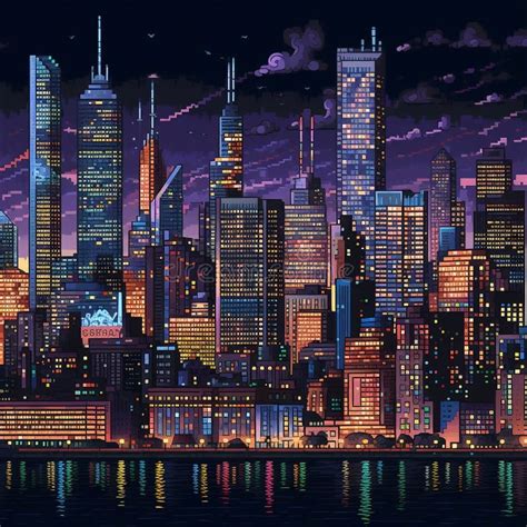 32 Pixel Art New York City at Night. Generative AI Stock Illustration - Illustration of times ...