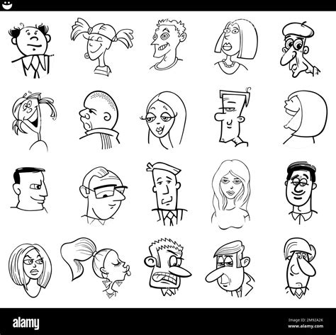 Dessin animé noir et blanc illustration de personnages drôles visages ...