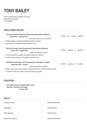 Electrical Foreman Resume Sample & Tips | Online Resume Builder