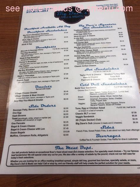 Menu at Big Dave's Deli restaurant, Zionsville