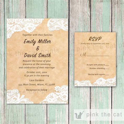 Lace Rustic Wedding Invitation & RSVP Card 2 – Pink The Cat