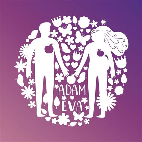 Adam and eve silhouettes, couple in love with flowers and birds vector ...