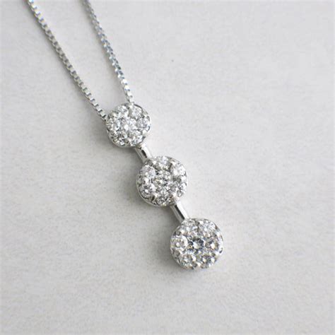 14K White Gold Diamond Three Stone Drop Cluster Necklace