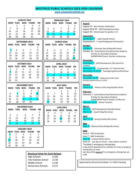 Westfield Public School District Calendar 2023-2024 in PDF