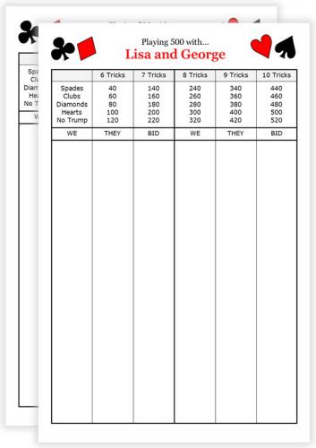 500 Card Game Score Sheet