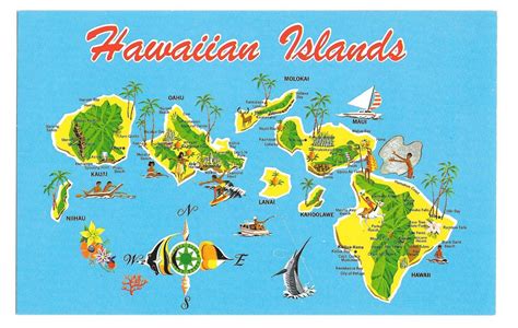 Hawaiian Islands Map Hawaii Kauai Maui Vintage Postcard 1983